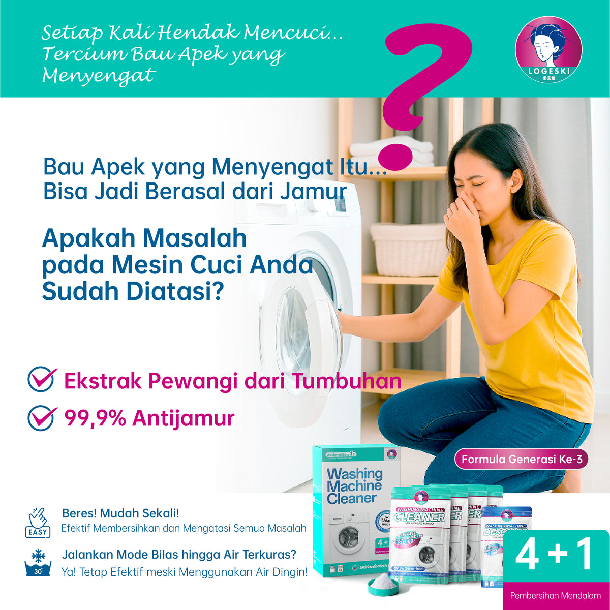 LOGESKI Bubuk Pembersih Tabung Mesin Cuci Tanpa Rendam, Menghilangkan Noda Membandel, Jamur dan Bau Apek, Membunuh 99,9% Kuman