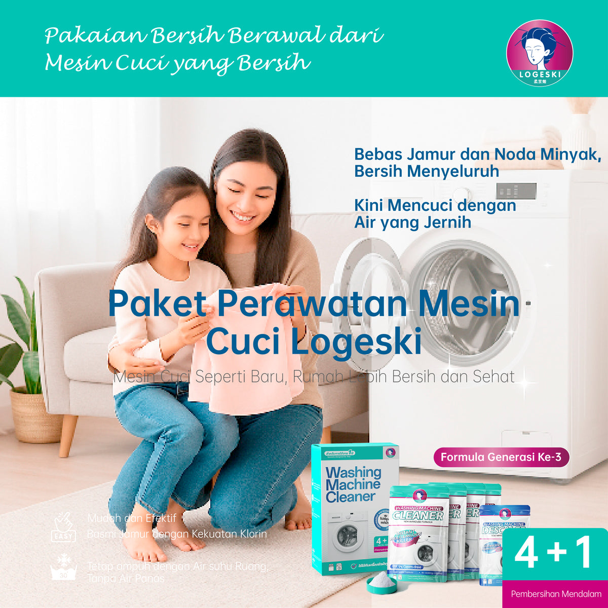 LOGESKI Bubuk Pembersih Tabung Mesin Cuci Tanpa Rendam, Menghilangkan Noda Membandel, Jamur dan Bau Apek, Membunuh 99,9% Kuman