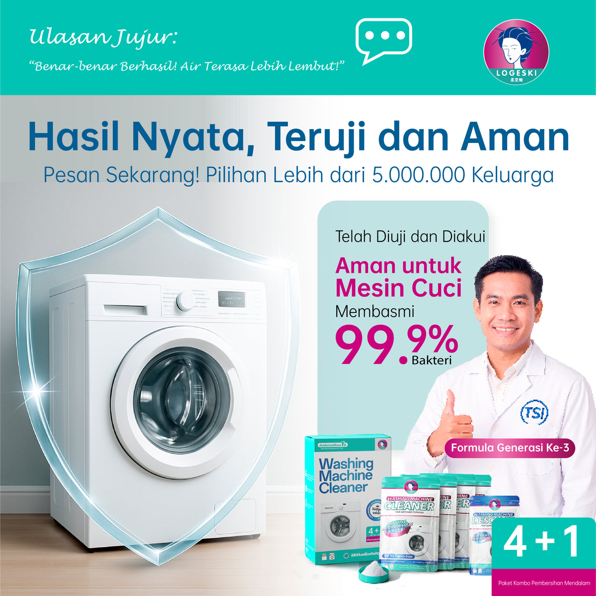 LOGESKI Bubuk Pembersih Tabung Mesin Cuci Tanpa Rendam, Menghilangkan Noda Membandel, Jamur dan Bau Apek, Membunuh 99,9% Kuman