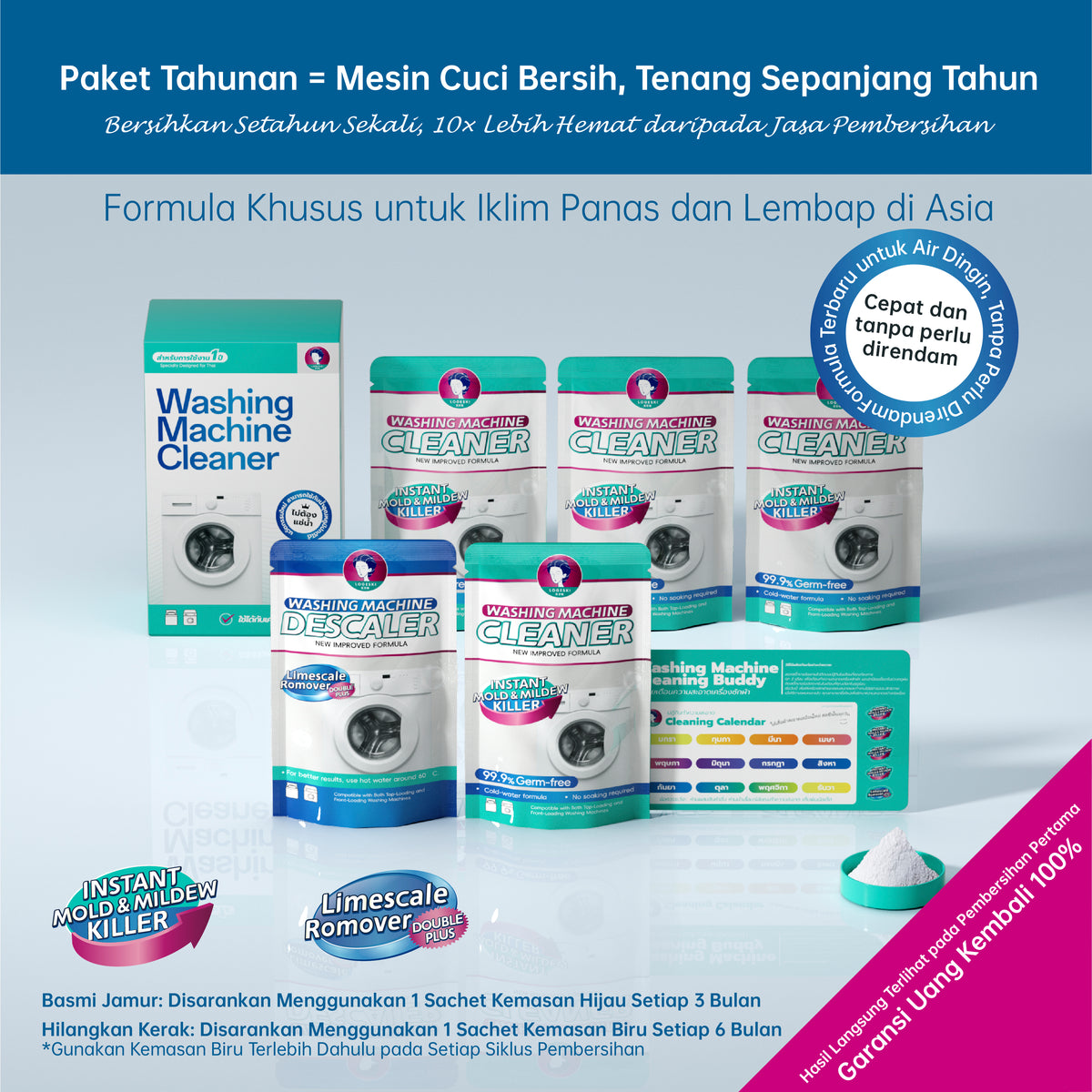 LOGESKI Bubuk Pembersih Tabung Mesin Cuci Tanpa Rendam, Menghilangkan Noda Membandel, Jamur dan Bau Apek, Membunuh 99,9% Kuman