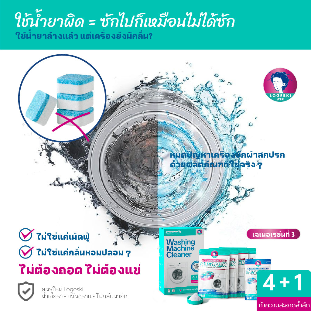 LOGESKI น้ำยาล้างเครื่องซักผ้า ขจัดเชื้อรา คราบตะกรัน คราบฝังแน่น ไม่ต้องแช่ ลดกลิ่นอับทันที