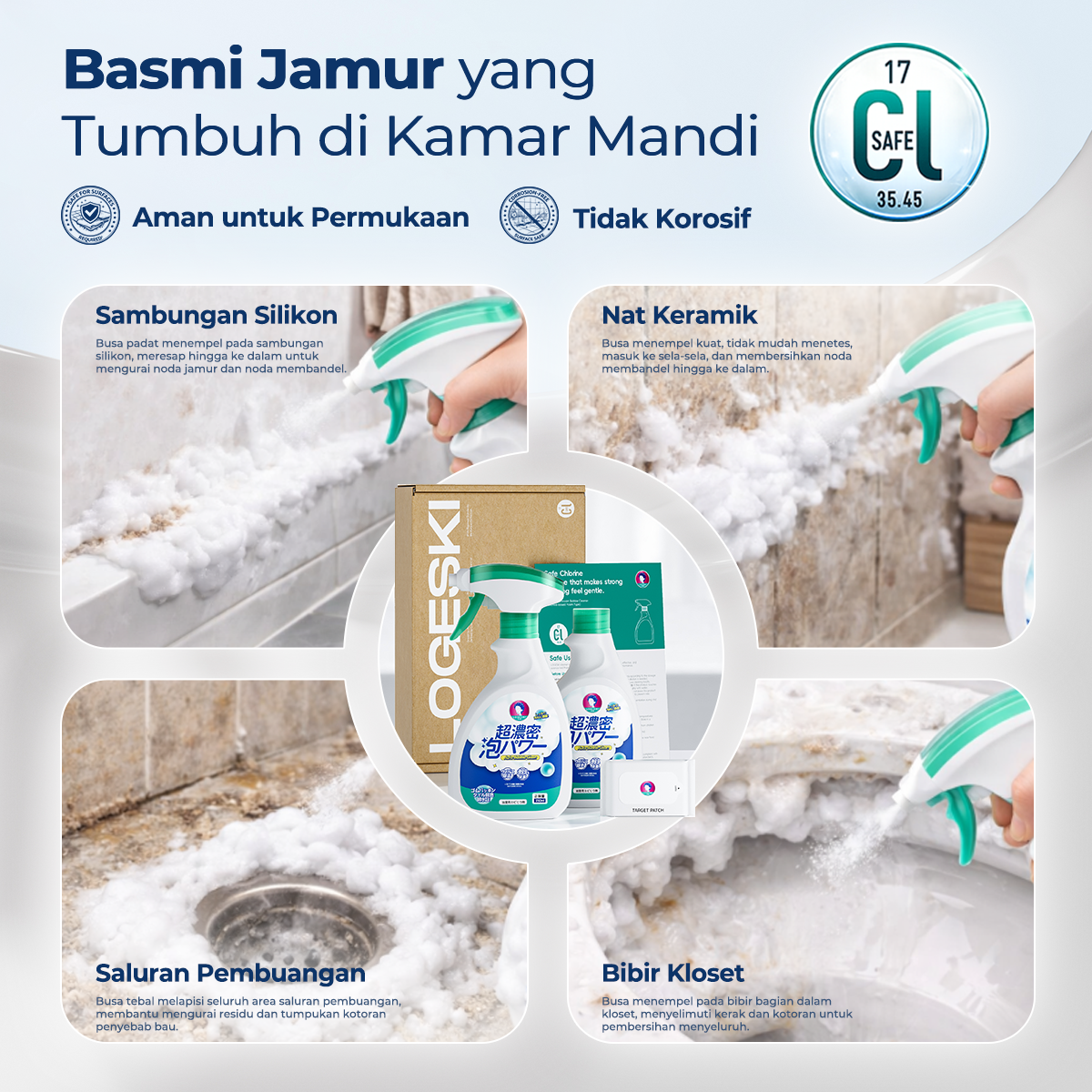 LOGESKI Pembersih Kamar Mandi Foam Tanpa Sikat, Menghilangkan Kerak, Jamur, Noda Kuning dan Bau Tak Sedap