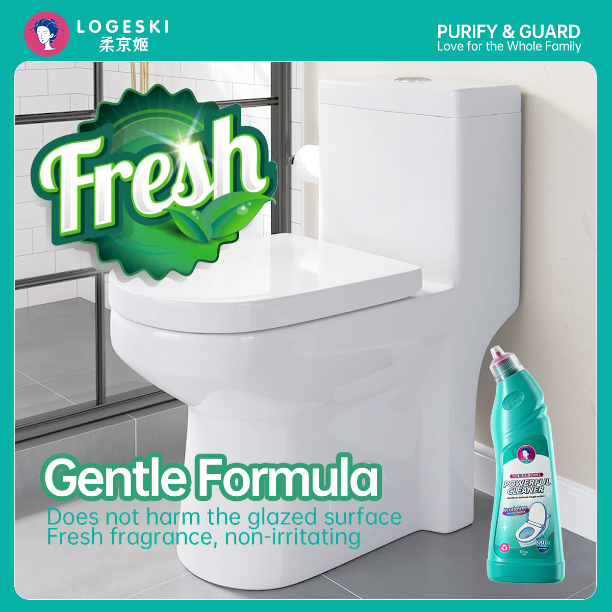 Logeski Toilet Bowl Cleaner - Highly Effective Scrub-Free Toilet Cleaner - Set of 3 Bottles