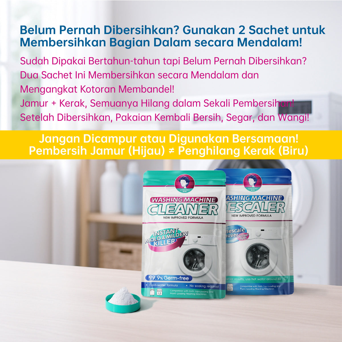 LOGESKI Bubuk Pembersih Tabung Mesin Cuci Tanpa Rendam, Menghilangkan Noda Membandel, Jamur dan Bau Apek, Membunuh 99,9% Kuman