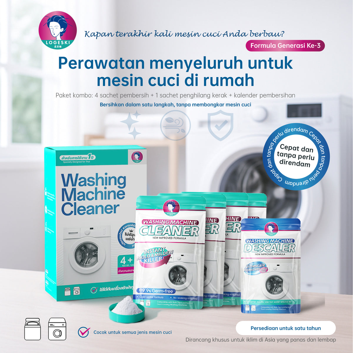 LOGESKI Bubuk Pembersih Tabung Mesin Cuci Tanpa Rendam, Menghilangkan Noda Membandel, Jamur dan Bau Apek, Membunuh 99,9% Kuman