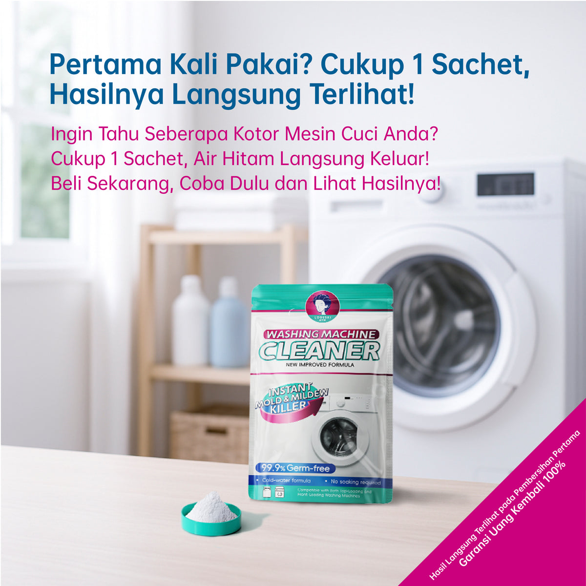 LOGESKI Bubuk Pembersih Tabung Mesin Cuci Tanpa Rendam, Menghilangkan Noda Membandel, Jamur dan Bau Apek, Membunuh 99,9% Kuman