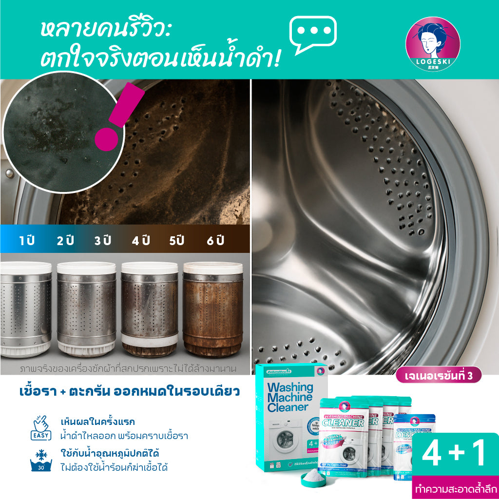 LOGESKI น้ำยาล้างเครื่องซักผ้า ขจัดเชื้อรา คราบตะกรัน คราบฝังแน่น ไม่ต้องแช่ ลดกลิ่นอับทันที